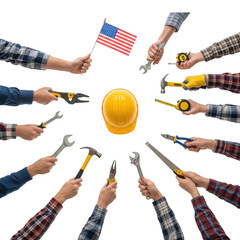 Teamwork and labor day celebration with tools and american flag montage transparent background