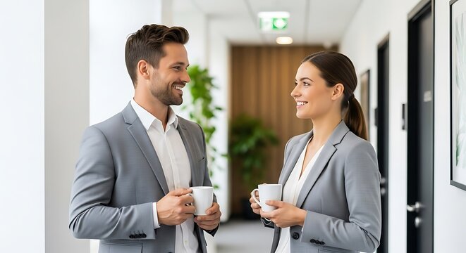 Business Colleagues Enjoying Coffee Break in Office Corridor.