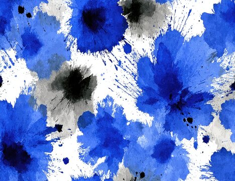 Abstract floral pattern with splashes of blue, gray, and black ink on a white background