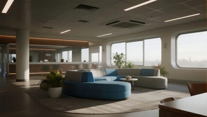 Modern office lounge with blue sofas, large windows, and indoor plants