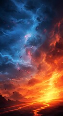 Fototapeta premium Fiery sunset sky with a vibrant mix of orange and blue clouds, birds flying, and a river flowing through a landscape.