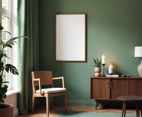 Interior of a living room with a wooden chair, a cabinet with wooden doors, and a framed picture on a green wall. The room is decorated with plants and candles.