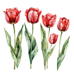 a watercolor painting depicts a bouquet of vibrant red tulips with lush green leaves against a white background.