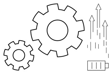 Two interlocking gears symbolize process and collaboration, accompanied by a charging battery and upward arrows conveying progress, energy, and growth. Ideal for innovation, productivity, team