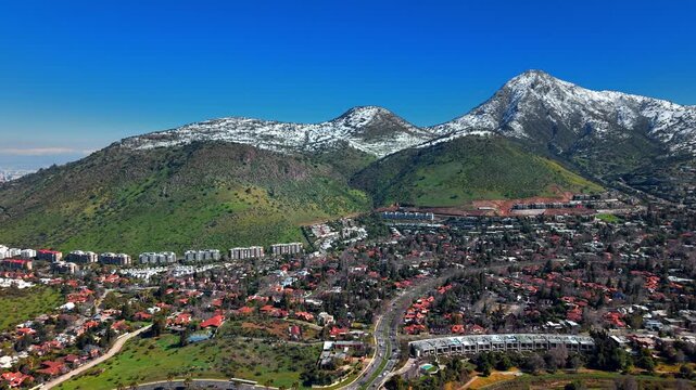 Aerial establishing fly Los Trapenses Neighborhood, Santiago de Chile Mountain Landscape of Andean Cordillera