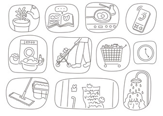 everyday motherhood routine clouds in doodle style. Illustration for banner postcard design print sticker poster background