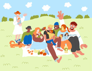 young mothers and fathers with babies on picnic in doodle style. illustration for banner postcard design print sticker poster background