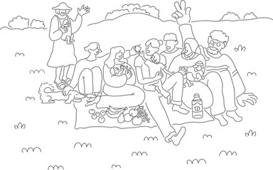 young mothers and fathers with babies on picnic in doodle style. illustration for banner postcard design print sticker poster background