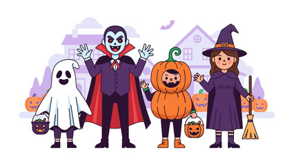 Spooky Halloween Characters Gathering: A collection of classic Halloween characters, brought to life in a vibrant and stylized illustration. Includes a ghost, vampire, pumpkin, and witch.
