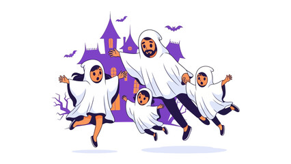 Happy Ghost Family Halloween Adventure: A cartoon illustration depicts a playful family dressed as ghosts, floating in front of a spooky haunted house backdrop and bats.
