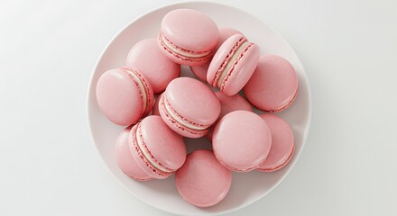 Obraz premium Pale Pink Macarons on White Plate Overhead Sweet Treats