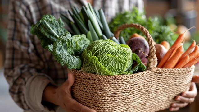 Gut Healthy concept ,Fresh organic vegetables woven basket held by hands and farmer with cabbage carrot leek onion kale vibrant