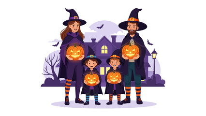 Happy Halloween: A family is dressed up in halloween costumes holding pumpkin lanterns. The perfect family image for the fall holiday.