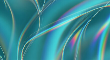 Obraz premium Abstract background design with smooth, curving lines in a vibrant teal color, showcasing a beautiful holographic and prismatic light effect for modern digital art wallpaper