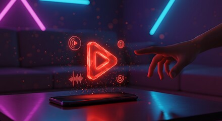 Neon digital interface with play button, hand interaction, streaming, modern technology concept.