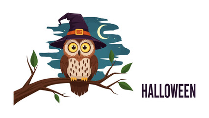 Enchanting Owl's Halloween Eve: An adorable owl adorned in a witch hat perched gracefully on a branch, observing the mystical moonlit night, captures the enchantment of Halloween. 
