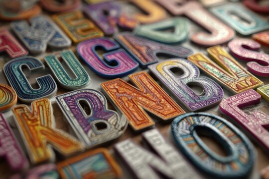 Close-up of colorful, textured letters