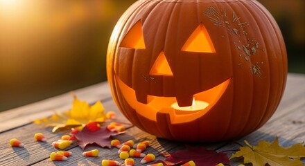 Vibrant close-up of a cheerful jack-o'-lantern with candy corn and fall leaves on wood, bathed in warm light, perfect for Halloween cards or banners evoking joy and seasonal fun in a cinematic, high-q