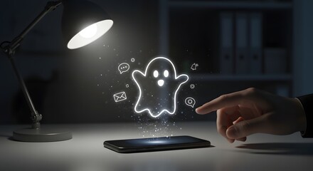 Ghost icon emerging from smartphone screen, digital communication, spooky tech concept, dark moody atmosphere