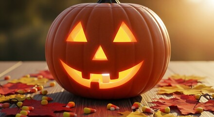 Vibrant close-up of a cheerful jack-o'-lantern with candy corn and fall leaves on wood, bathed in warm light, perfect for Halloween cards or banners evoking joy and seasonal fun in a cinematic, high-q