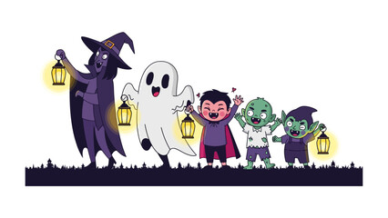 Naklejka premium Halloween Costume Parade: A whimsical illustration of a witch, a ghost, a vampire, and two zombies, each carrying a lantern, walking in a row on a grass, celebrating a spooky holiday.