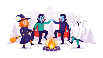 Halloween Dance Party: An illustrated group of Halloween characters joyfully dances around a crackling bonfire, embodying the spirit of fun, mischief, and spooky celebrations.