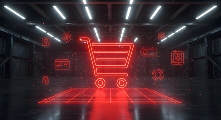 Neon shopping cart with security icons in a dark, futuristic cyber hallway, e-commerce concept