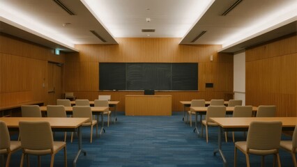 Empty classroom with wooden walls, desks, chairs, and a blackboard