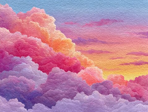 Soft, vibrant clouds at sunset.  Pastel hues of pink, purple, and orange.  Textured, layered clouds