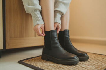 Woman sitting indoors, wearing cozy sweatshirt and putting on stylish black leather ankle boots on a soft textured mat