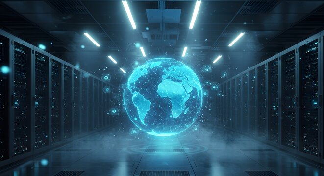 Global network connectivity concept with glowing earth in a futuristic server room environment.