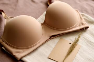 Beige padded bra with underwire detail displayed on fabric alongside blank tag and dried grass accent for intimate apparel concept