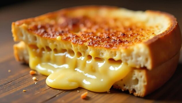Close up of toasted rye bread with golden crust and melted Swiss cheese oozing out 