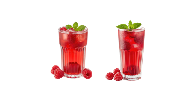 Red drink with raspberry and mint on transparent background png