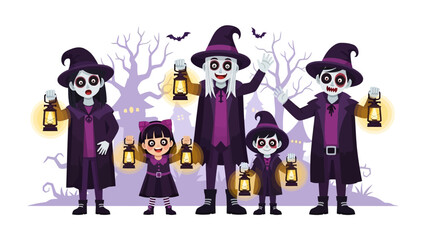 Enchanting Halloween: A spooky family of witch and their children celebrate Halloween night with lantern. Capturing the eerie atmosphere of Halloween and the warmth of family.