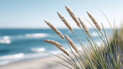 Close up of beach grass swaying in the wind with a blurred view of the ocean waves in the background.