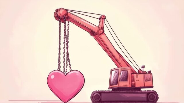 Crawler crane lifting a big pink heart symbol of love, care and romance