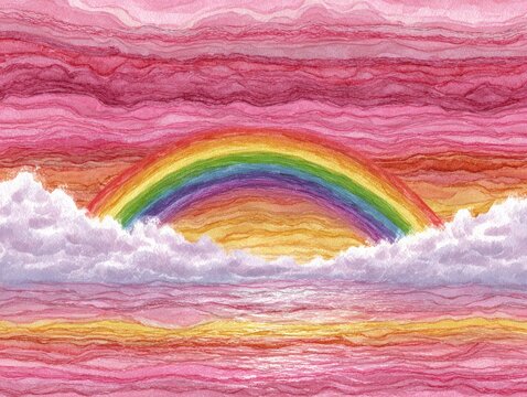 Watercolor rainbow over a pink and orange sky with clouds