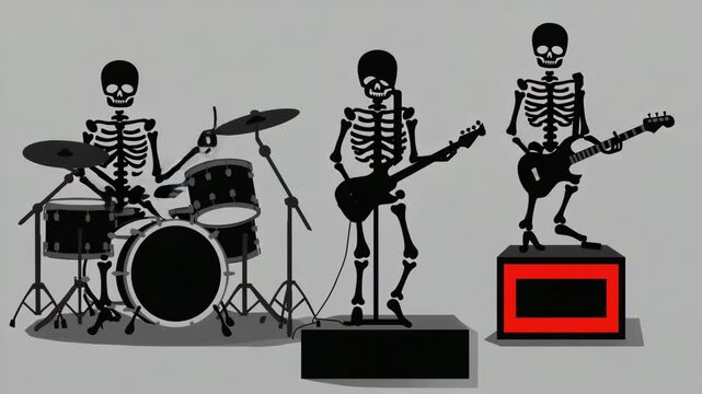Silhouette of a skeleton band playing instruments, flat vector 
