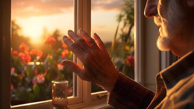 Elderly man enjoying the sunset through a window