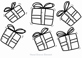 Six hand-drawn gift boxes with ribbons, arranged in various orientations, perfect for holiday themes.