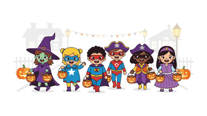 Halloween Costume Parade: A festive parade of costumed children, each character gleefully carries a pumpkin bucket filled with treats, illuminated by the soft glow of streetlights.