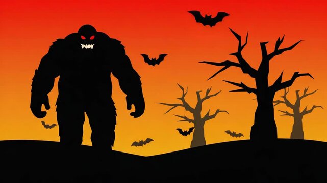 Flat vector silhouette of a cartoon monster with glowing eyes, Halloween theme
