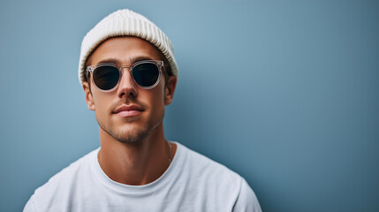 Confident young man in sunglasses and white beanie against blue background.