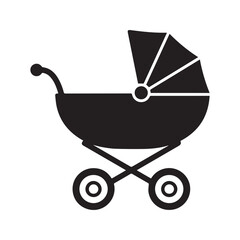 Baby carriage stroller icon. Black silhouette of a pram for newborn infant. Vector symbol for childcare and parenting.
