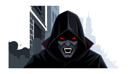 Sinister Shadow: A shadowy figure, cloaked in darkness, with piercing red eyes and a menacing grin, emerges from the cityscape. An emblem of ominous mystery and foreboding.