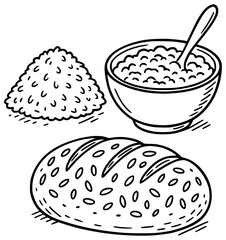 Whole grain bread with bran, rice groats and oatmeal in a bowl