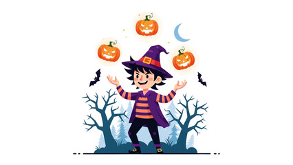Halloween Juggler: A whimsical illustration of a cheerful character in a wizard hat juggles grinning pumpkins. This captures the spirit of a festive Halloween night.
