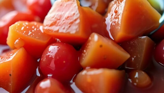 Close up of vibrant compote texture showing chunks of softened fruits in syrup 