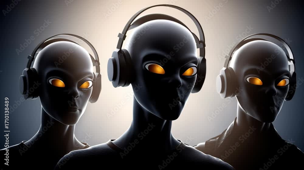 Poster futuristic humanoid figures with headphones, showcasing a dynamic visual sequence of expression and 